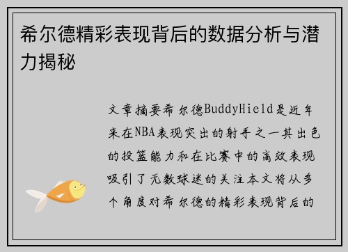 希尔德精彩表现背后的数据分析与潜力揭秘