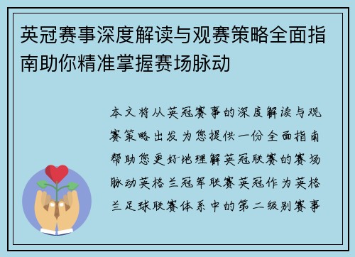 英冠赛事深度解读与观赛策略全面指南助你精准掌握赛场脉动
